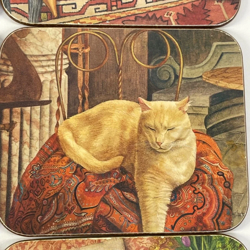 Vintage Cat Art Coasters Set of 6 Cork Backed Square Tuxedo Ginger White Cats